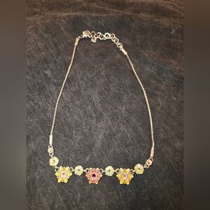 Vintage Retired Brighton Enamel Flowers & AB Rhinstones 16in - 19in Necklace